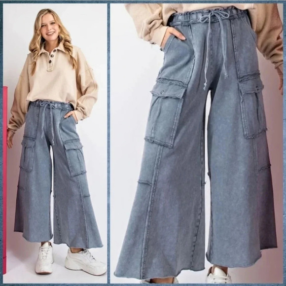 New! Easel Faded Navy Blue Terry Knit Feeling Good Utility Pants - Picture 4 of 4